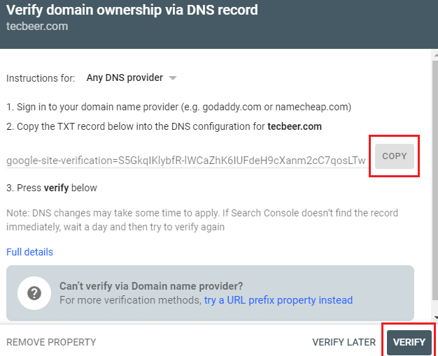 Verify Domain Ownership via DNS record