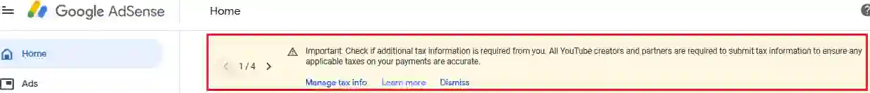 Google Adsense tax notification
